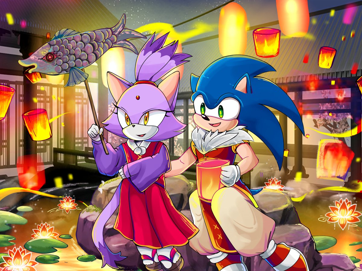 _sohini_p's tweet photo. Thank u so much for letting me enter @BDG77two
#sonaze #contestentry
My entry for the contest
Sonic and Blaze celebreating,with blaze holding a fish lantern staff and Sonic carrying a radiant light. Dressed in festive attire, they share a warm, joyful moment amid celebration https://t.co/Xu3ki98E1u