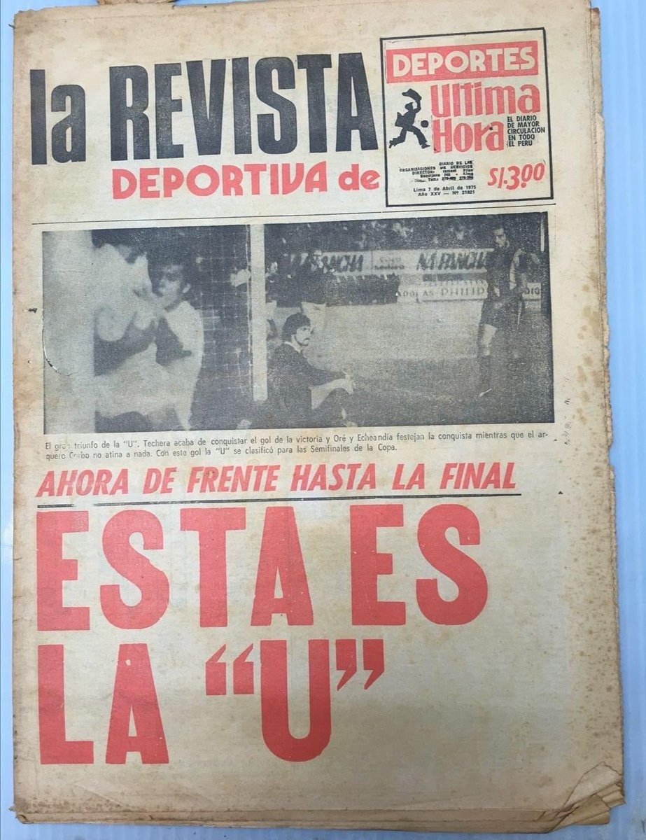 📸 Primera plana del diario "Última Hora", después del partido U (3) Peñarol (2), correspondiente a la fase de grupos de la Copa Libertadores de 1975.