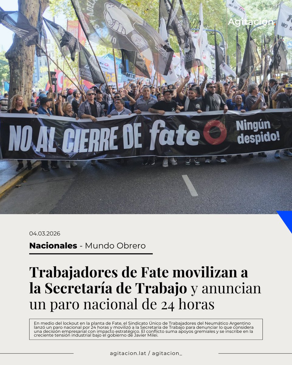 Agitacion_'s tweet photo. #MundoObrero | Trabajadores de Fate movilizan a la Secretaría de Trabajo y anuncian un paro nacional de 24 horas
04.03.2026 https://t.co/s8VYPzoLLv