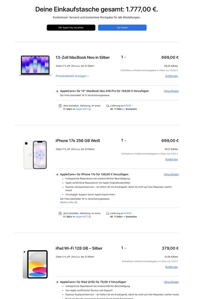 Wir sind mittlerweile an einem Punkt angekommen, an dem man für unter 2000 € ein echt relativ solides Apple Ökosystem bekommt, sogar, wenn man direkt bei Apple kauft. Schon cool.