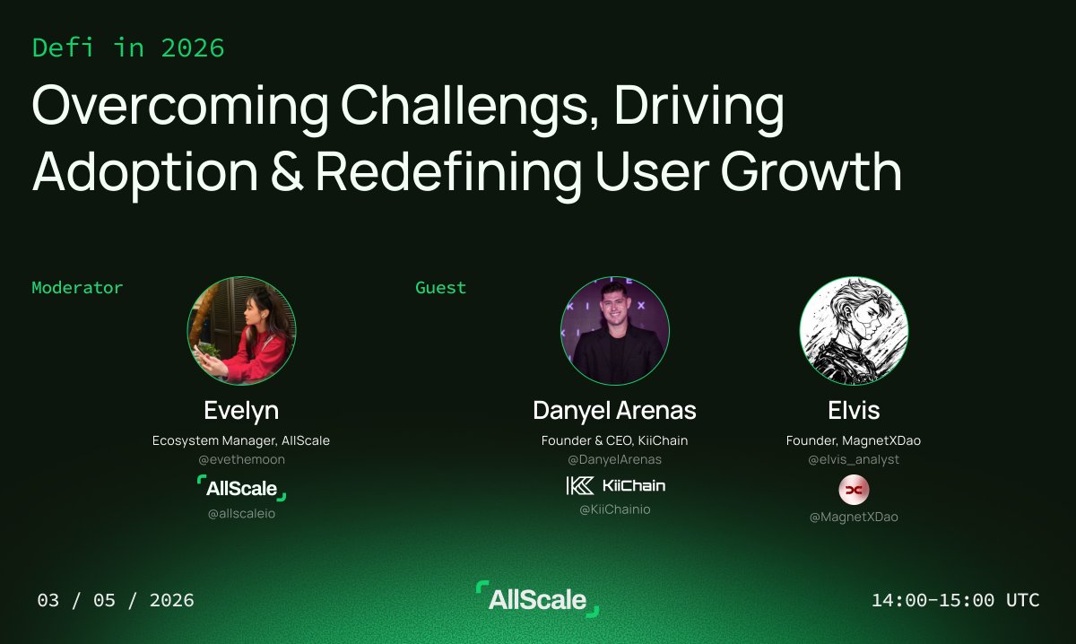 Upcoming AMA - Defi in 2026: Overcoming Challenges, Driving Adoption &amp; Redefining User Growth

🗓 Mar 5 | 2:00 PM UTC
📍x.com/i/spaces/1pKdR…

Moderator:
<a href="/evethemoon/">Evelyn_C</a> – Ecosystem Manager, AllScale

Guests:
<a href="/DanyelArenas/">Danyel Arenas</a> – Founder &amp; CEO, KiiChain <a href="/KiiChainio/">KiiChain</a> 
<a href="/elvis_analyst/">ELVIS ⭕️</a> –