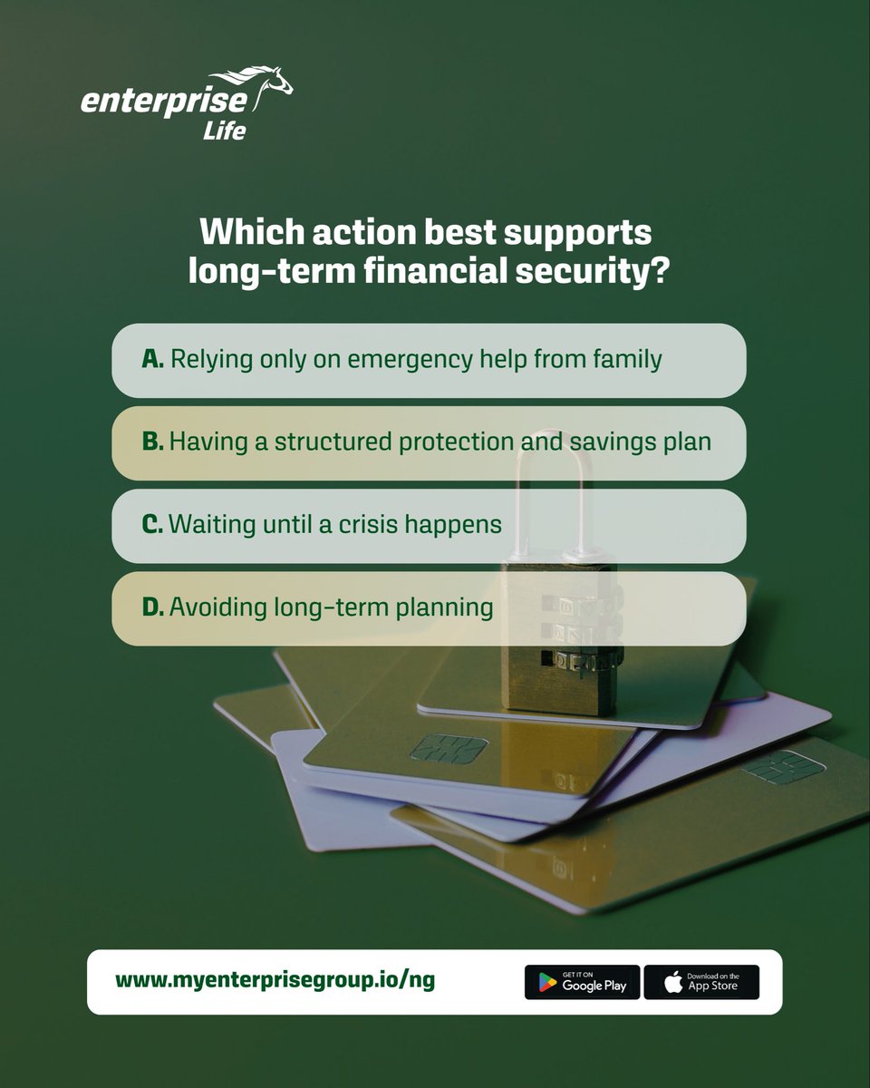 entlifenigeria's tweet image. Which of these actions best supports long-term financial security? Let’s see your answers in the comment. 

#enterpriselifeng #learntheadvantage #explore
