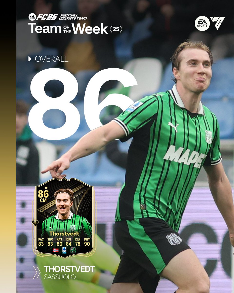 Thorstvedt 🔨

Gol e subito dentro il Team of the Week di #FC26! 🚀🔥

<a href="/EASPORTSFC/">EA SPORTS FC</a> <a href="/easportsfcit/">EA SPORTS FC ITA</a> 
#ForzaSasol 🖤💚