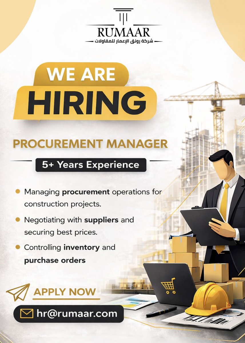 🚧 We Are Hiring | Procurement Manager

At RUMAAR – Ronq Al Emar Contracting Company, we believe that successful construction projects are built not only on strong foundations, but on strong procurement strategies.

We are currently looking for a highly experienced Procurement
