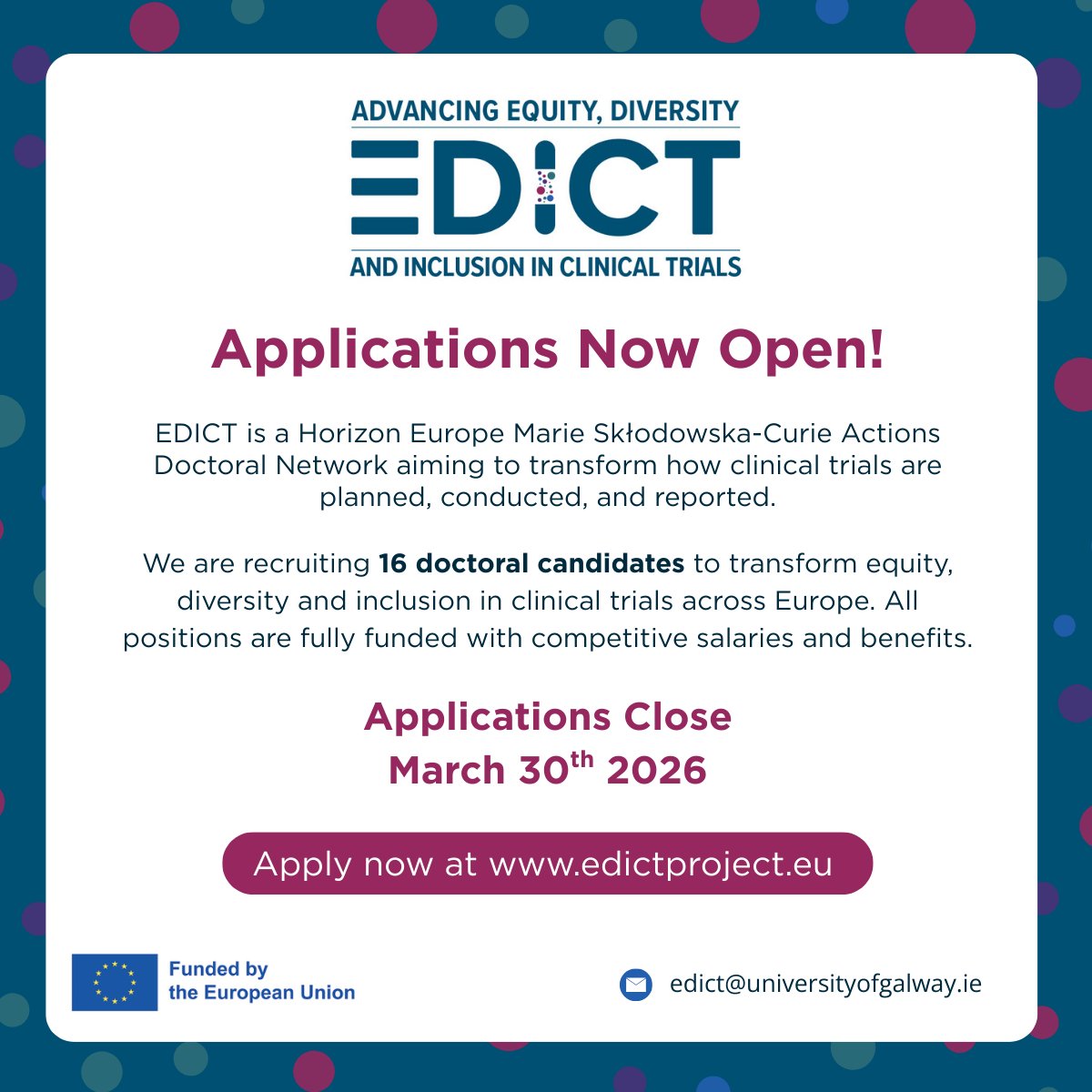 FC_HULP's tweet photo. 🚨 PhD Opportunities – EDICT Doctoral Network

Abierta la convocatoria para 2 plazas de doctorado en el proyecto EDICT (MSCA-DN, Horizon Europe) sobre equidad, diversidad e inclusión en ensayos clínicos.

📅 Deadline: 30 marzo 2026
🔎 Más info: https://t.co/4DdTunZ1NV
#PhD https://t.co/BSxvKf9Z3i