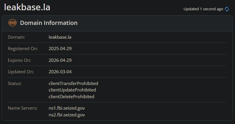 ‼️BREAKING: LeakBase is showing that it has been seized by law enforcement via updated Whois information. There is currently no seizure banner showing.