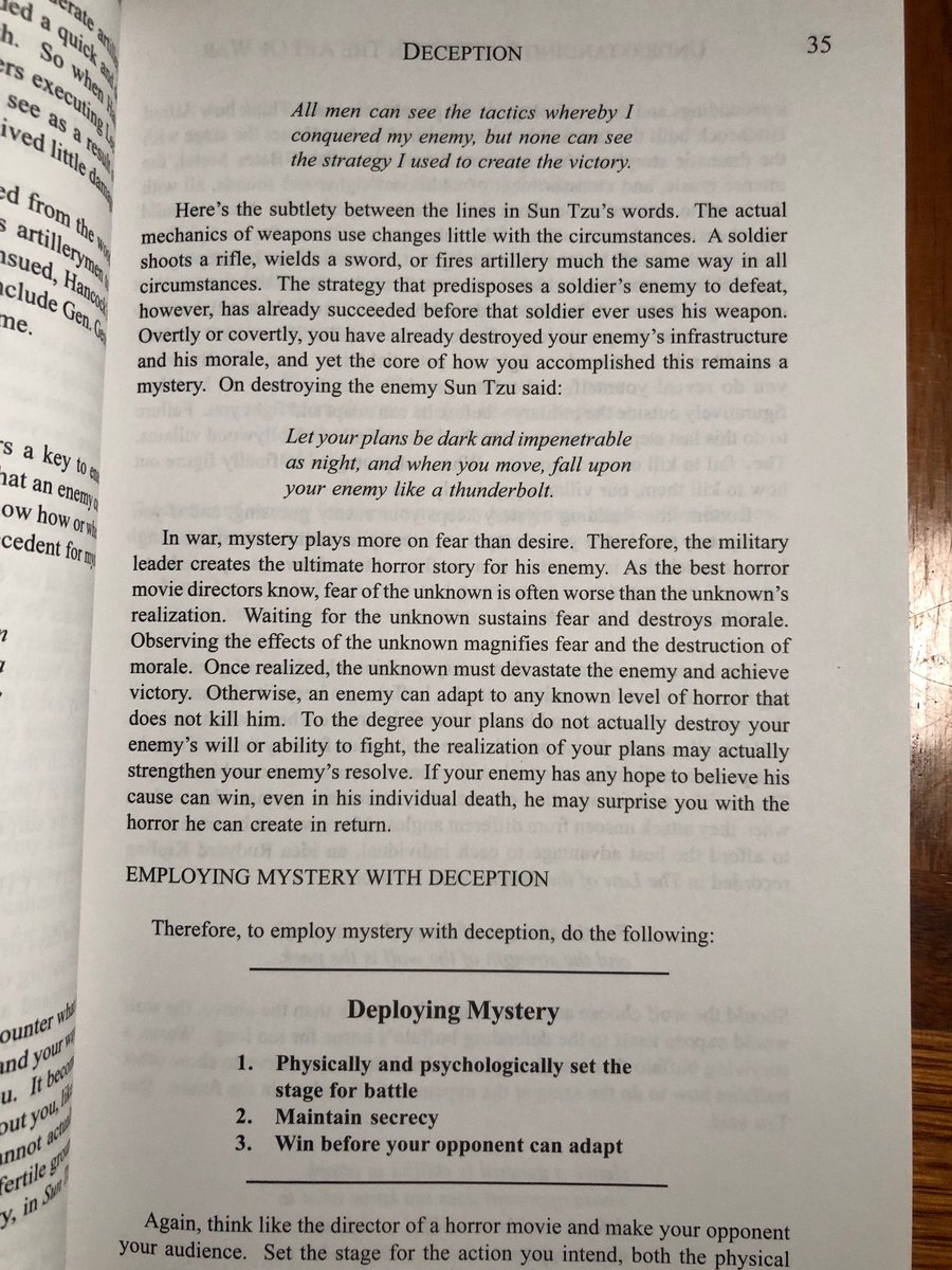 RobertLCantrell's tweet photo. JAFO, but couldn’t help thinking this morning about something I wrote around 2002 and published this month in 2003, one page shown below. This is from an interpretation I wrote of Sun Tzu’s Art of War that made it into all the war colleges at the time except the Army (which figures since I was in the Army). I bring it up because for decades, Trump has made references that align with Sun Tzu, such as a tweet that “The supreme art of war is to subdue the enemy without fighting.” This aligns with his general use of economic power to advance American interests in preference to military power, as was being geared up by the Bush administration in 2002-3.
However, Sun Tzu was not a pacifist, as noted on this page. Winning without fighting was pragmatic because long-term wars are a drain on a country in pretty much every way you can imagine. They also, if you don’t win quickly and decisively enough, serve to educate your enemies how to fight you. Anyway, here’s a lens to look at everything if you’d like to use it.