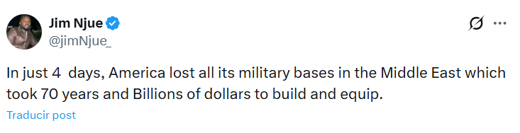 🔴 Usuario estadounidense: En solo cuatro días, EEUU perdió todas sus bases militares en Asia Occidental, cuya construcción y equipamiento requirieron 70 años y miles de millones de dólares.