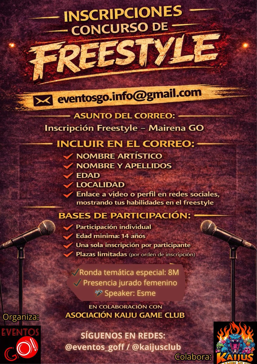 Ya os podéis inscribir al concurso de freestyle de #mairenago del domingo tarde con 150 euros en premios.