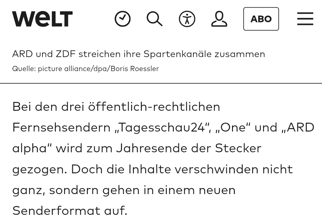 Anonymous007081's tweet image. Drei Sender des #OERR werden eingestellt. Tagesschau24, One und ARD alpha werden bis Ende des Jahres eingestellt. 
Habt ihr regelmäßig in einen der Sender eingeschaltet? 
Ich habe nur Tagesschau24 regelmäßig für 5 min gesehen.