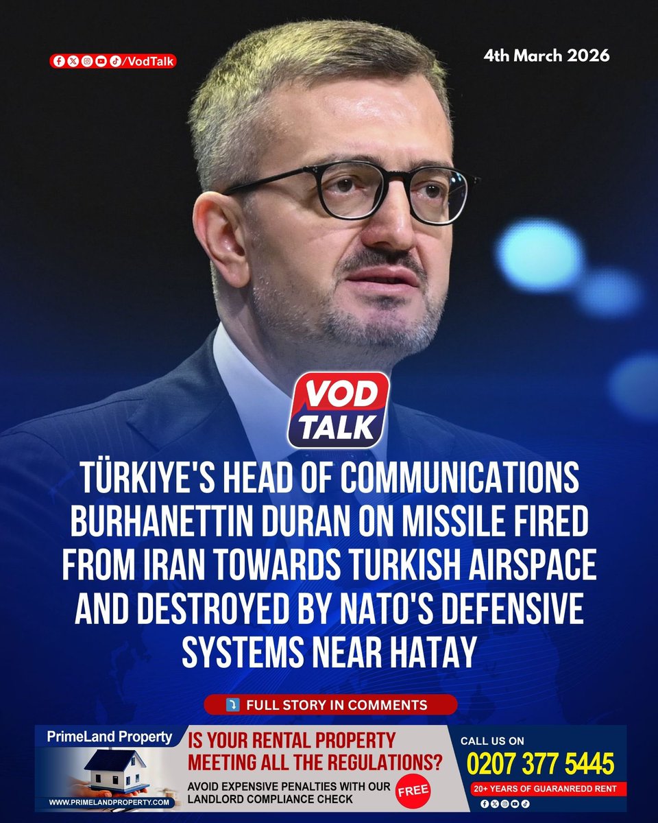 VodTalk's tweet photo. Türkiye's Head of Communications Burhanettin Duran on missile fired from Iran towards Turkish airspace and destroyed by NATO's defensive systems near Hatay https://t.co/xJvIBMZrAx
