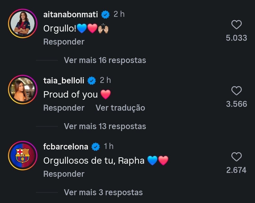 Aitana comentando no post do Raphinha sobre o jogo de ontem 💙❤️