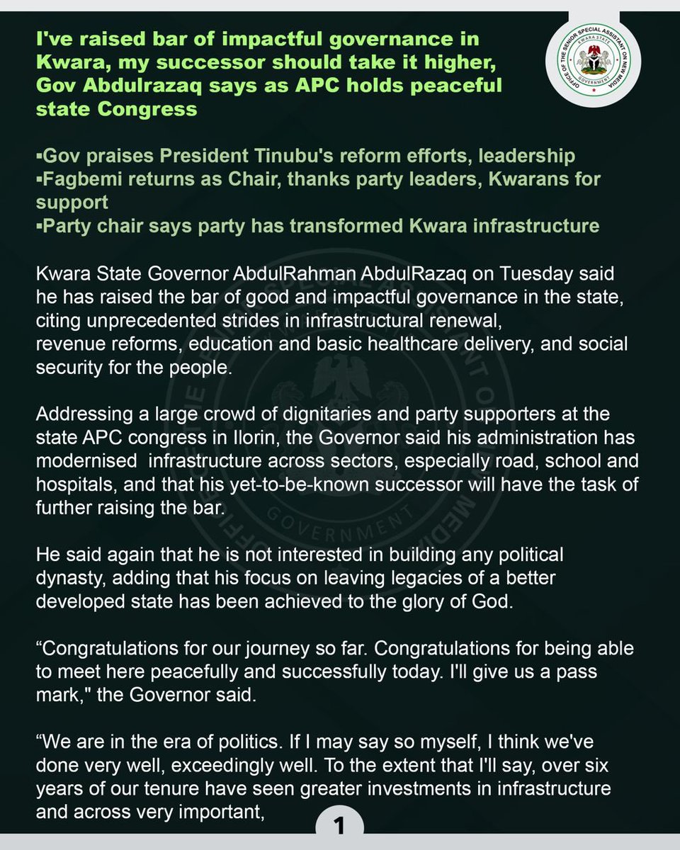 followKWSG's tweet photo. I've raised bar of impactful governance in Kwara, my successor should take it higher, Gov Abdulrazaq says as APC holds peaceful state Congress

▪︎Gov praises President Tinubu's reform efforts, leadership
 
▪︎Fagbemi returns as Chair, thanks party leaders, Kwarans for support https://t.co/OtIPI3WC53