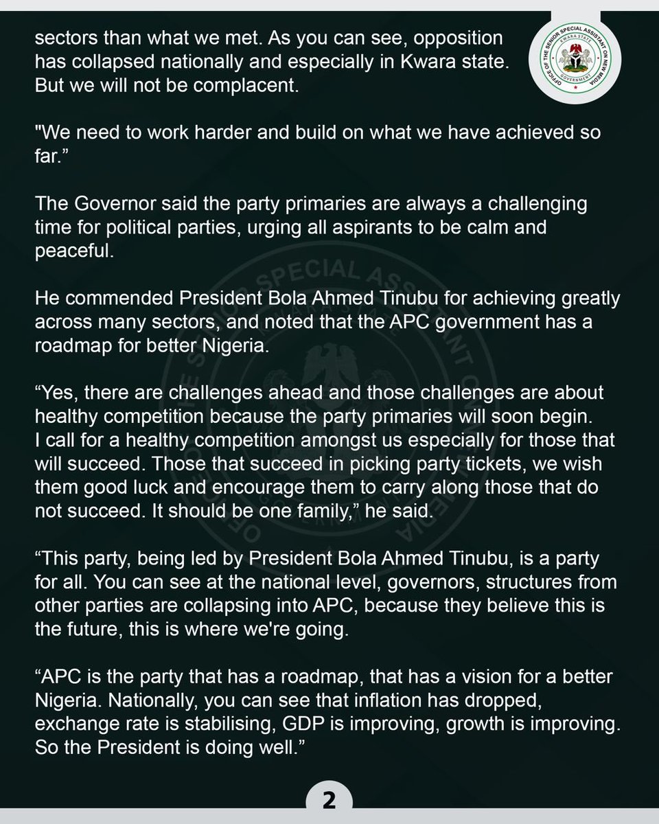 followKWSG's tweet photo. I've raised bar of impactful governance in Kwara, my successor should take it higher, Gov Abdulrazaq says as APC holds peaceful state Congress

▪︎Gov praises President Tinubu's reform efforts, leadership
 
▪︎Fagbemi returns as Chair, thanks party leaders, Kwarans for support https://t.co/OtIPI3WC53