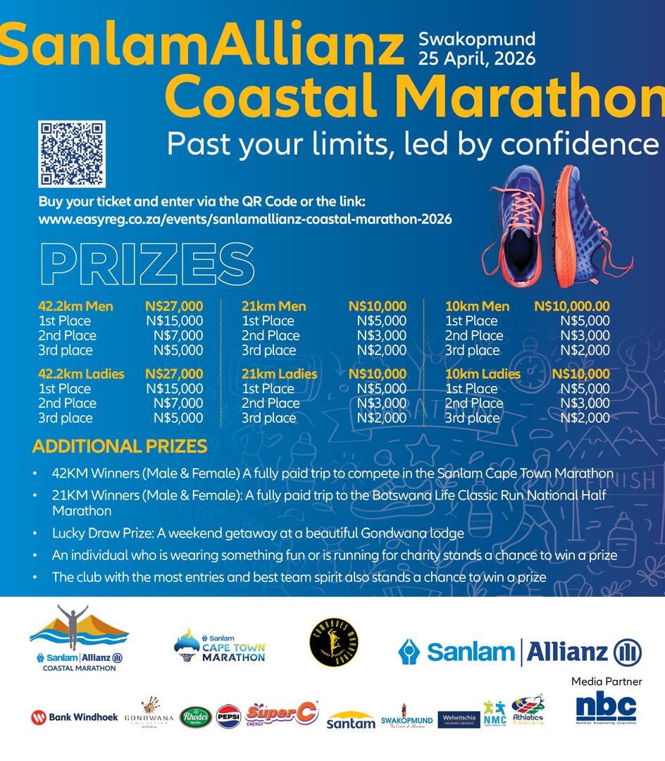 The SanlamAllianz Coastal Marathon is almost here. 🏃‍♂️🌊

Take on the breathtaking Swakopmund coastline, push past your limits, and run with confidence. This year’s race is bigger and better than ever, with more prizes to be won and categories for every runner.

Spots are filling