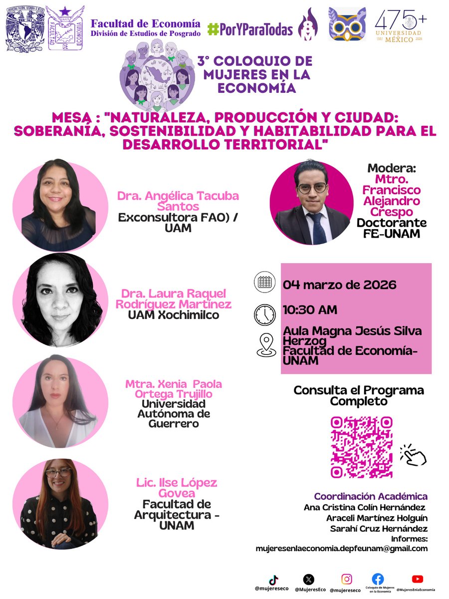 MujeresEcon's tweet photo. 💜 Tercer día del 3° Coloquio de Mujeres en la Economía
Este 4 de marzo continuamos con una jornada de diálogo sobre lo que las mujeres  están estudiando del financiamiento al desarrollo, territorio, cuidados y transformación social. @Arimarhol @EllaesXtal 

📌 Mesas del día: https://t.co/yoFC44DsjB