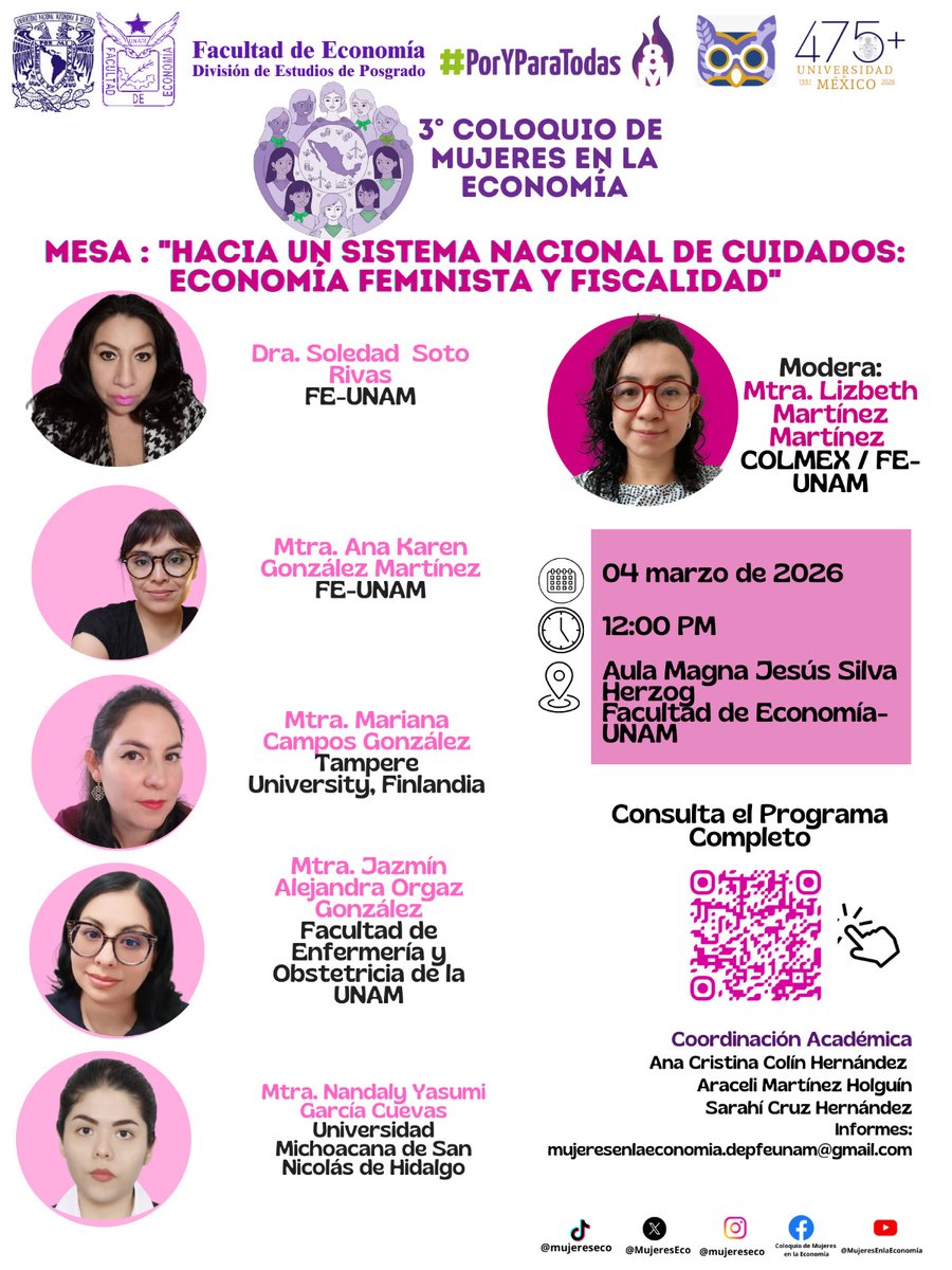 MujeresEcon's tweet photo. 💜 Tercer día del 3° Coloquio de Mujeres en la Economía
Este 4 de marzo continuamos con una jornada de diálogo sobre lo que las mujeres  están estudiando del financiamiento al desarrollo, territorio, cuidados y transformación social. @Arimarhol @EllaesXtal 

📌 Mesas del día: https://t.co/yoFC44DsjB