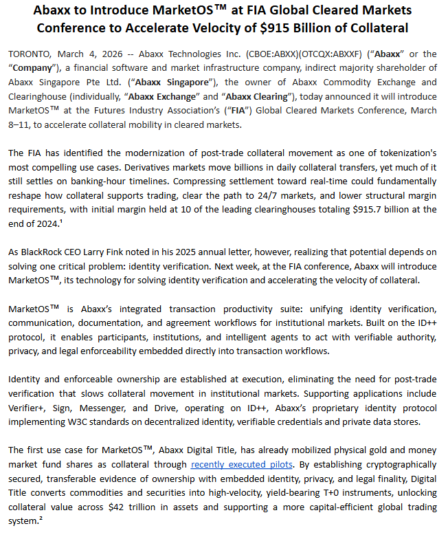 Abaxx is introducing MarketOS at FIA next week, targeting $915B in collateral sitting idle at clearinghouses on banking-hour settlement timelines.

Already piloted with gold and money market fund shares as collateral. Total addressable pool is $42T if this gets traction. $ABXX