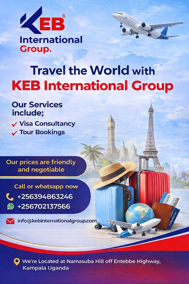 KEBiGroup's tweet photo. Travel the World with KEB International Group

Our Services include;
Visa Consultancy
Tour Bookings

Call or whatapp now +256394863246 or +256702137566
info@kebinternationalgroup.com
We're located at Namasuba Hill off Entebbe Highway https://t.co/k4ccfPaTBl