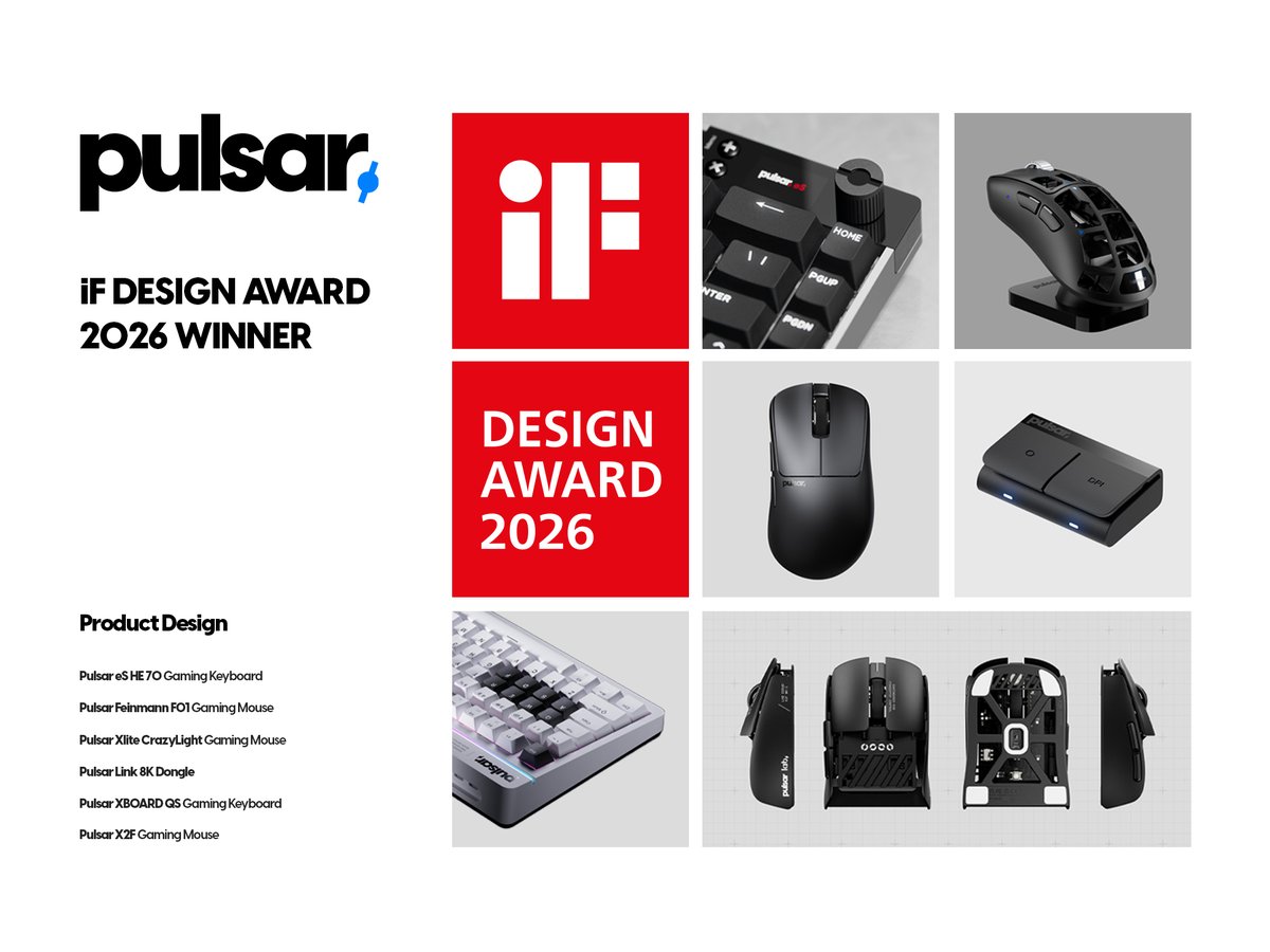 PulsarGears's tweet photo. 6 Awards. 1 Standard. 🏆

Technology is proven by performance. Design is defined by presence. We are honored to receive six iF Design Awards for 2026.

The Winners:
• Pulsar eS HE 70
• Pulsar Feinmann F01
• Pulsar Xlite Crazylight
• Pulsar Link 8K
• Pulsar Xboard QS
• Pulsar X2F

A sincere thank you to the community for celebrating this milestone with us. Performance and aesthetics, in perfect balance.