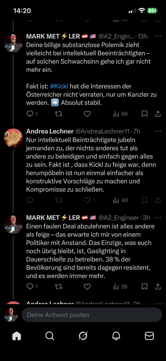A2_Engineer's tweet photo. @AndreaLechner11 @herbert_kickl Andrea Lechner sondert ihren Mist ab, wird entlarvt, löscht darauf ihre Kommentare und blockiert mich. 

Typisch hirnloser Lefty 😂 https://t.co/OhNEkaPWPT