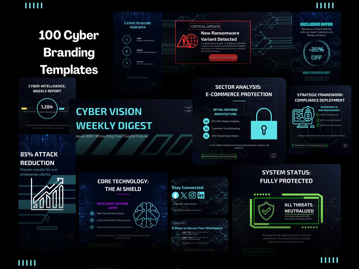 AliceArarau29's tweet image. In Cyber, if you look outdated, you look vulnerable. 🛡️
​The Cyber-Intelligence Asset System is coming to eliminate the Visual Friction Tax on your conversions.
​Launch: very soon. Etsy.
100+ Assets. 100% Authority.
​#CyberSecurity #TechBranding #VisualAuthority #ComingSoon