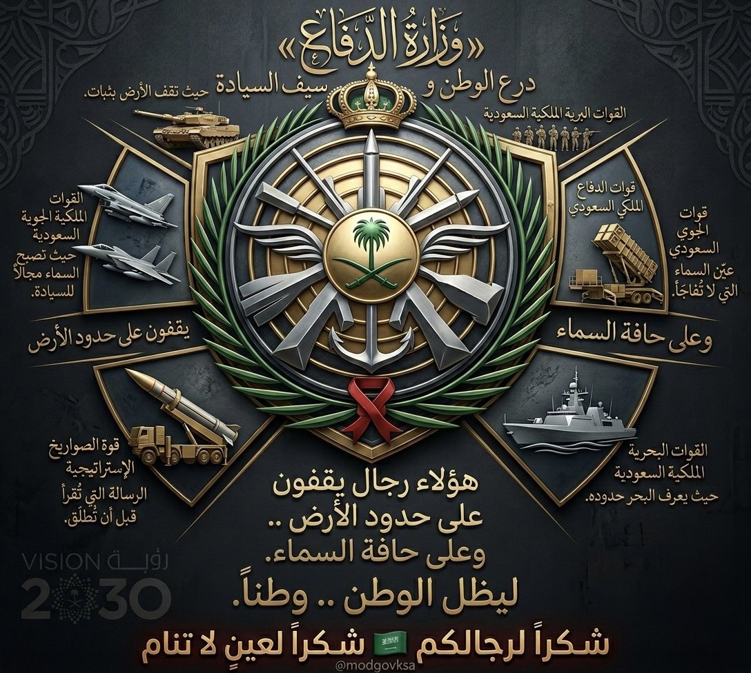 Alshaikh2's tweet photo. «وزارة الدفاع»

ليست مبنىً عسكرياً ..
و لا مؤسسةً حكومية ..
هي فكرةً ..
فكرة أن يكون للوطن درع ..
و أن يكون له سيف.

القوات البرية الملكية السعودية ..
حيث تقف الأرض بثبات.

القوات الجوية الملكية السعودية ..
حيث تصبح السماء مجالاً للسيادة.

القوات البحرية الملكية السعودية ..
حيث يعرف البحر حدوده.

قوات الدفاع الجوي الملكي السعودي ..
عين السماء التي لا تُفاجَأ.

قوة الصواريخ الإستراتيجية ..
الرسالة التي تُقرأ قبل أن تُطلَق.

هؤلاء رجال يقفون 
على حدود الأرض ..
و على حافة السماء ..
ليظل الوطن .. وطناً.

شكراً لرجالكم ..
شكراً لعينٍ لا تنام 🇸🇦

@modgovksa