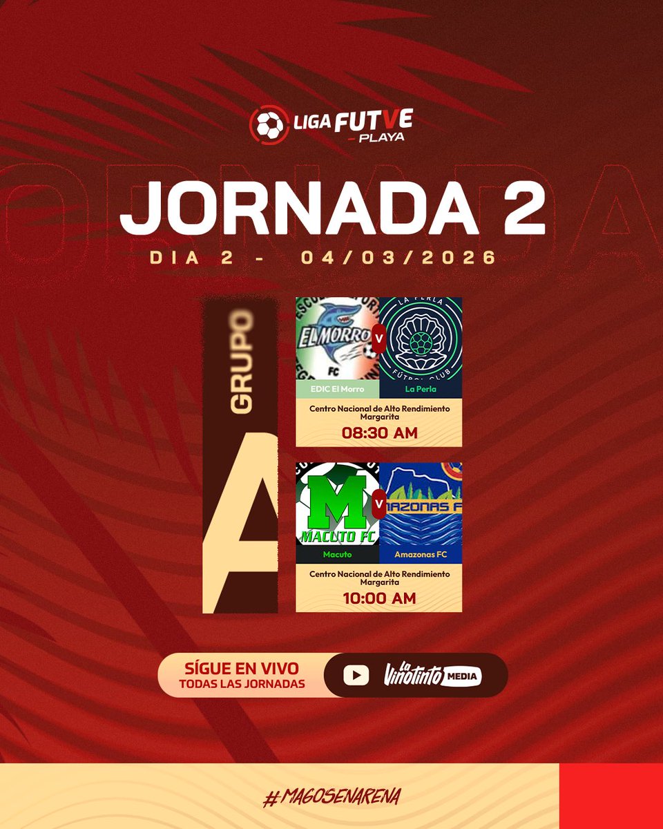 ¡𝐀𝐬𝐢́ 𝐬𝐞𝐫𝐚́ 𝐥𝐚 𝐉𝐨𝐫𝐧𝐚𝐝𝐚 2 𝐝𝐞𝐥 𝐆𝐫𝐮𝐩𝐨 𝐀! 🧡

🎥 Sigue las transmisiones de cada partido en nuestro canal de YouTube, La Vinotinto Media. 

#MagosEnArena