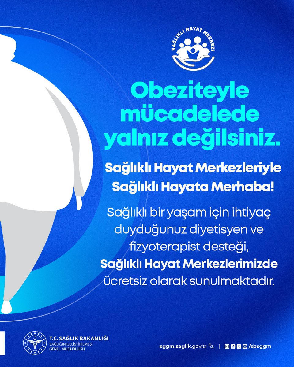Obezite pek çok ciddi hastalığa zemin hazırlayan önemli bir sağlık sorunudur.

Dengeli beslenme, düzenli fiziksel aktivite ve sağlıklı yaşam alışkanlıklarıyla obezite riskini azaltmak mümkündür.

Sağlıklı bir yaşam için sizleri Sağlıklı Hayat Merkezlerimize bekliyoruz!