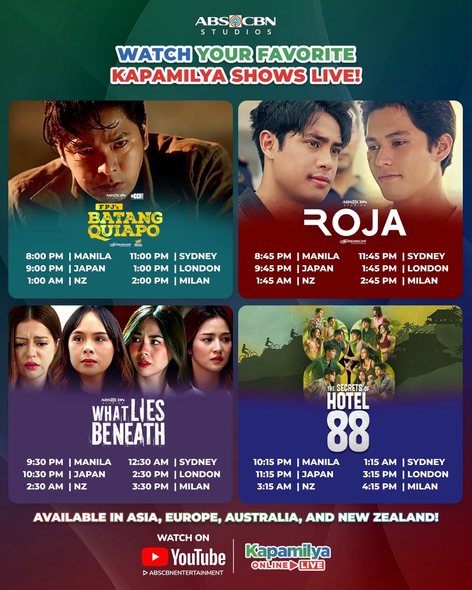 ABSCBNpr's tweet image. Hala! Ano ‘to?! May mga bagong sikretong ibubunyag sa #PrimetimeBida 😳🔓
 
Watch #FPJsBatangQuiapo, #ROJA, #WhatLiesBeneath, and #TheSecretsofHotel88 LIVE on #KapamilyaOnlineLive!