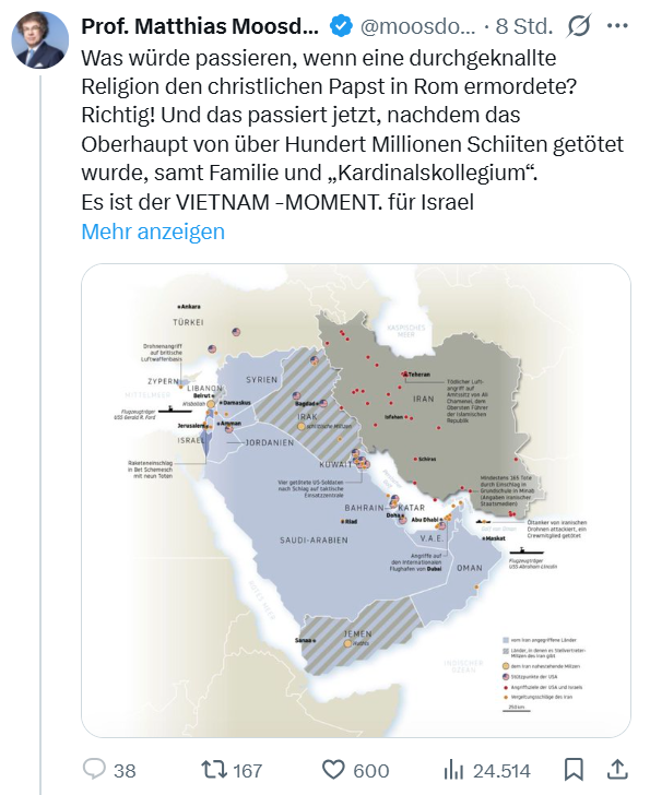 Weil mir hier auf X jetzt schon häufiger diese "Chamenei wie der Papst"-Vergleiche begegnet sind:
Was ist da im Kopf falsch gelaufen, um den Nachfolger Petri mit einem bösartigen Diktator und Massenmörder gleichzusetzen &amp; seine Eliminierung religiös motiviert zu nennen?