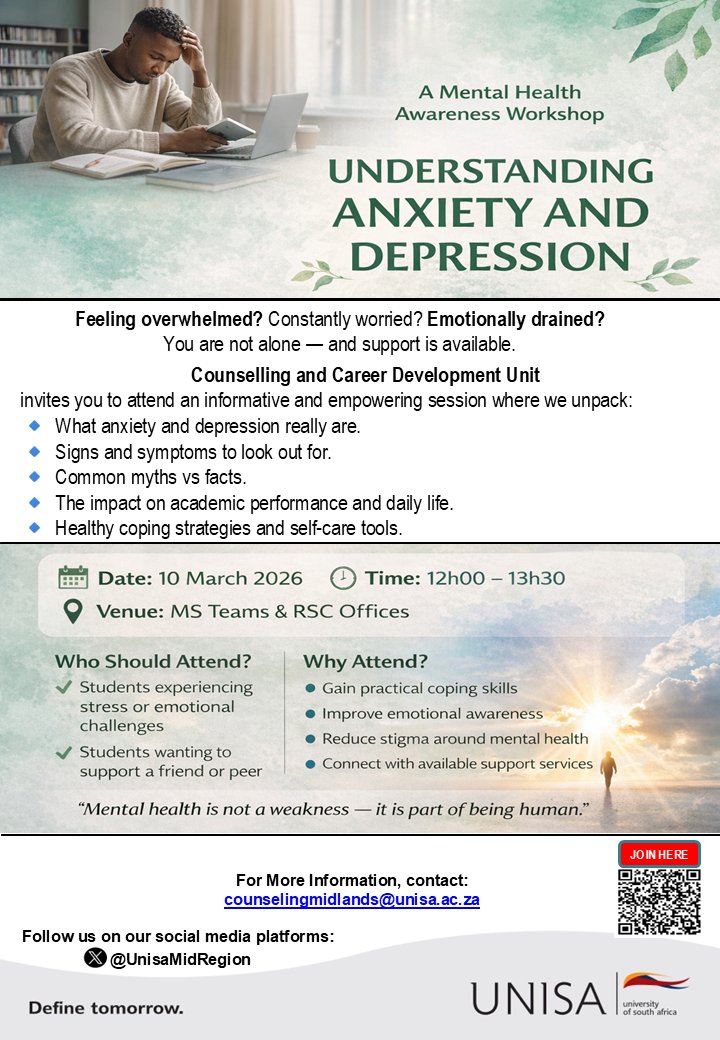 UnisaMidRegion's tweet photo. Invitation to a Mental Health Awareness workshop.

Date: 10 March 2026
Time:12:00-13:30
Venue: Online or RSC’s
Scan the QR Code to join the session. https://t.co/vNLoZ4n7I3