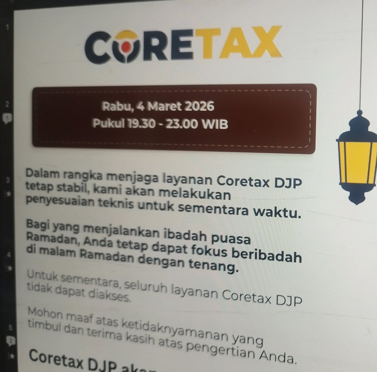 fxmario's tweet photo. Buka coretax malam aja bro, di luar jam kantor. Lebih lancar.

Coretax  malam hari: (semalam juga ga bisa) https://t.co/ZeA8CjUhnE
