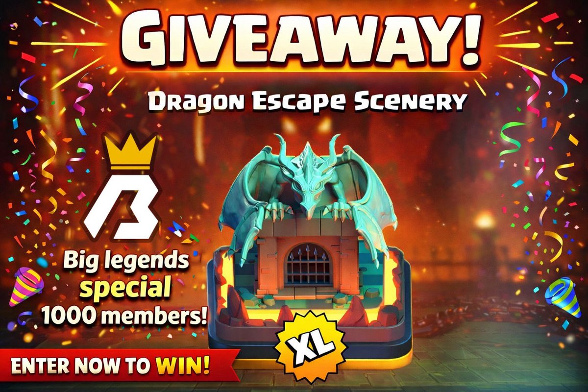 🎉 1,000 MEMBER GIVEAWAY 🎉
To celebrate we’re giving away the Dragon Escape Scenery!🐉
📝How to participate: 
1️⃣Follow <a href="/biglegendscoc/">Big Legends</a> &amp; <a href="/daniloclasher/">BiG BØSS</a> 
2️⃣ Like &amp; share this post
3️⃣ Tag 2 friends 
4️⃣ Join our Discord server discord.gg/biglegends
🗓️ Winner announced: March 11th