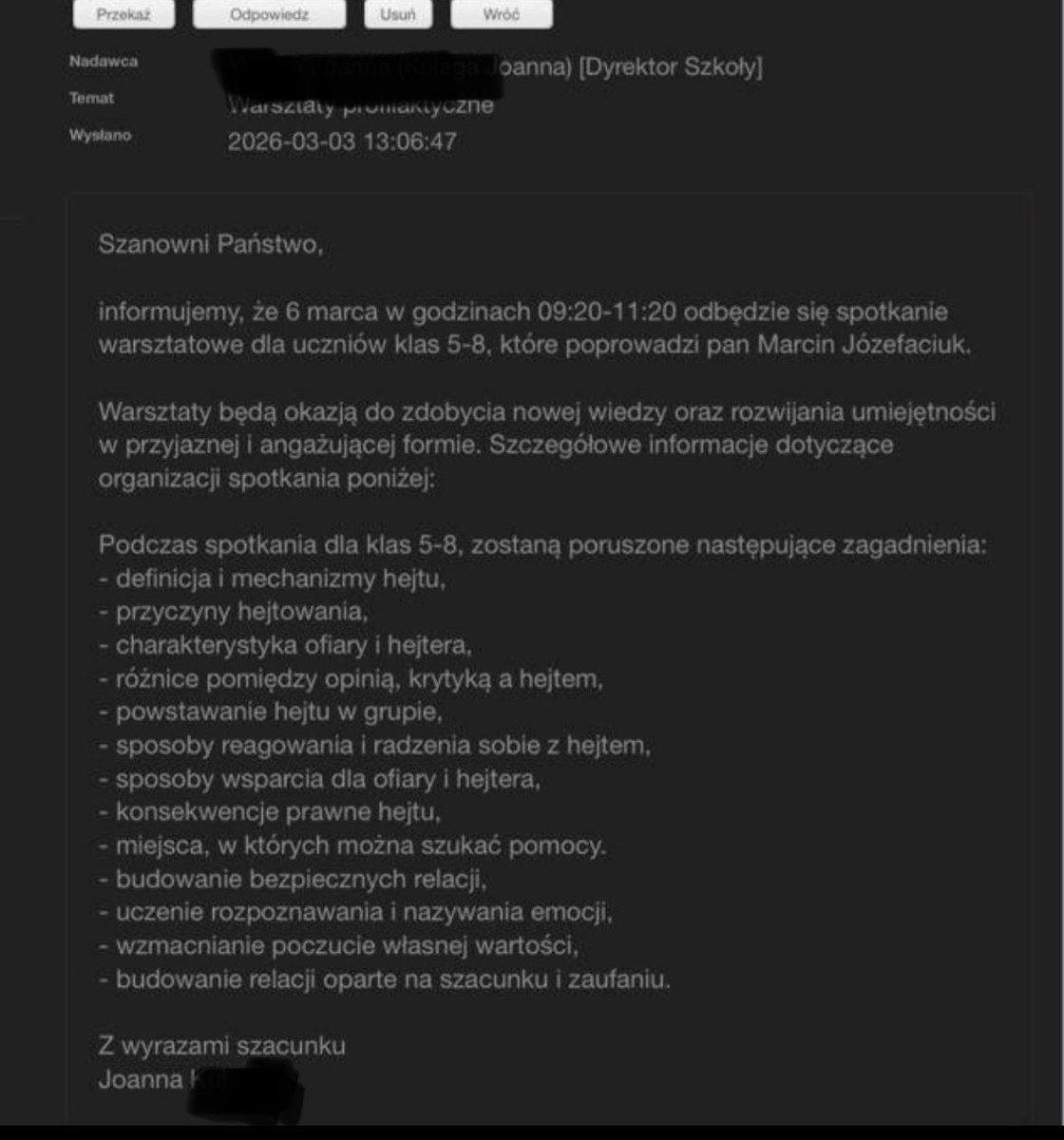 Czy naprawdę skołatana szkoła w Kielnie potrzebuje polityków prowadzących lekcje „antydyskryminacyjne”?

Rodziców dzieci, przy których do kubła na śmieci nauczycielka wywaliła krzyż, powiadomiono o warsztatach, które będzie prowadził pan poseł <a href="/M_Jozefaciuk/">Marcin Józefaciuk</a>…

Panie pośle… dajże
