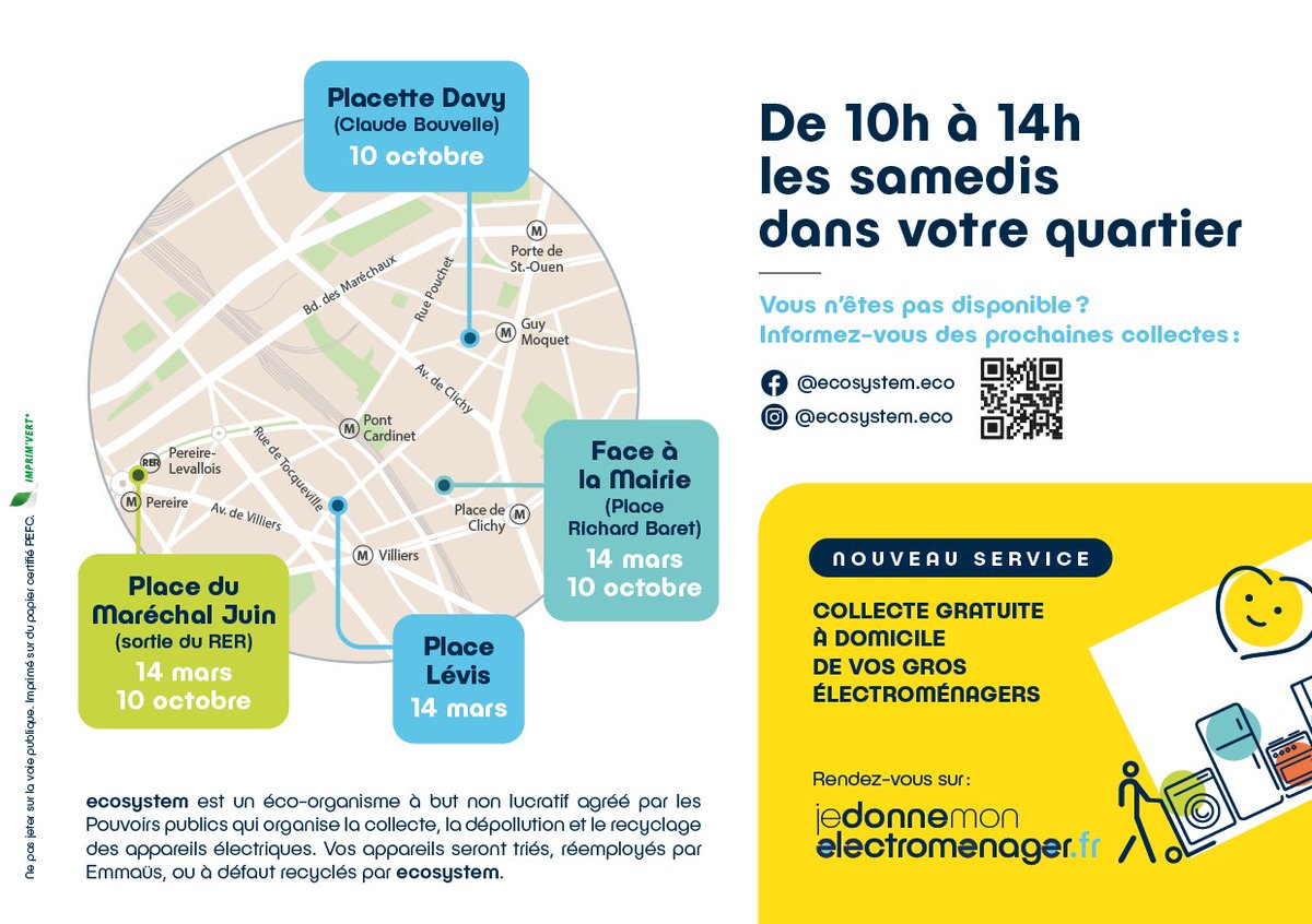 Mairie17's tweet image. Samedi 14 mars de 10h à 14h, la Mairie du 17e et Ecosystem organisent des collectes de quartier à #Paris17 ! ♻️

📍 Place Richard Baret

📍 Place Lévis

📍 Place du Maréchal Juin

➡️ Toutes les infos sur : urlr.me/YdfsSW.

#Écologie #Environnement #Recyclage