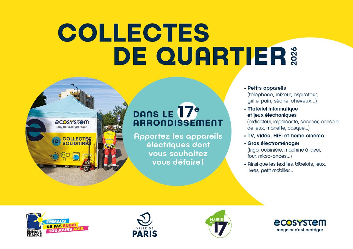 Mairie17's tweet image. Samedi 14 mars de 10h à 14h, la Mairie du 17e et Ecosystem organisent des collectes de quartier à #Paris17 ! ♻️

📍 Place Richard Baret

📍 Place Lévis

📍 Place du Maréchal Juin

➡️ Toutes les infos sur : urlr.me/YdfsSW.

#Écologie #Environnement #Recyclage