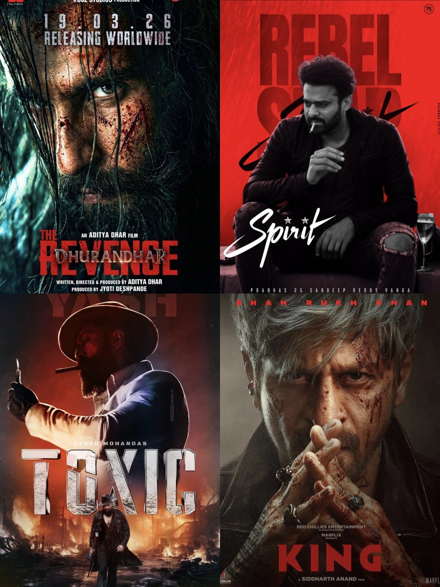 PanIndiaReview's tweet photo. Indian Cinema in coming months 🧨🧨🧨

#Dhurandhar2 - 19 March 

#BhoothBangla - 10 April

#BattleOfGalwan - 17 April

#Toxic - 4 June 

#Jailer2 - July

#TheParadise - August

#Drishyam3 - 2 Oct

#Ramayana - Diwali 

#King - 24 Dec 

#Spirt - March 2027

#Varanasi - April 2027

#AA22 - June/July 2027 

#RamayanaPart2 - Diwali 2027 

#NTRNeel - 2027