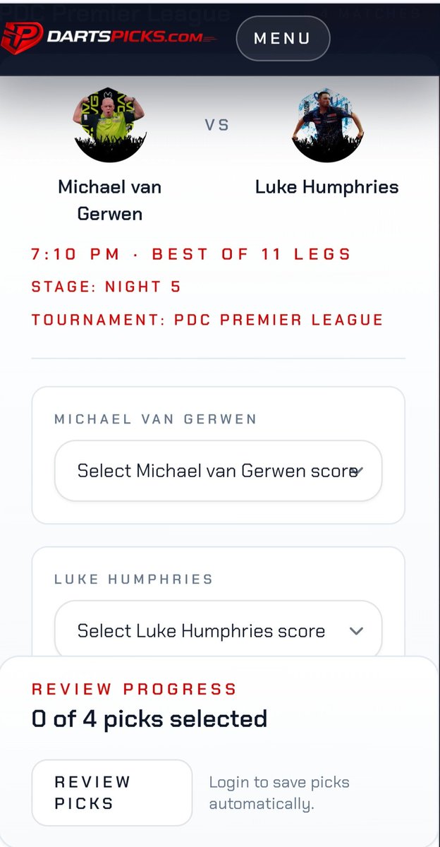Dartspicks.com

Share away Darts Fans!

A fantastic free new game! Predict darts games, most 180s and more to redeem your points for prizes!

 Predict the tomorrows Premier League results now!