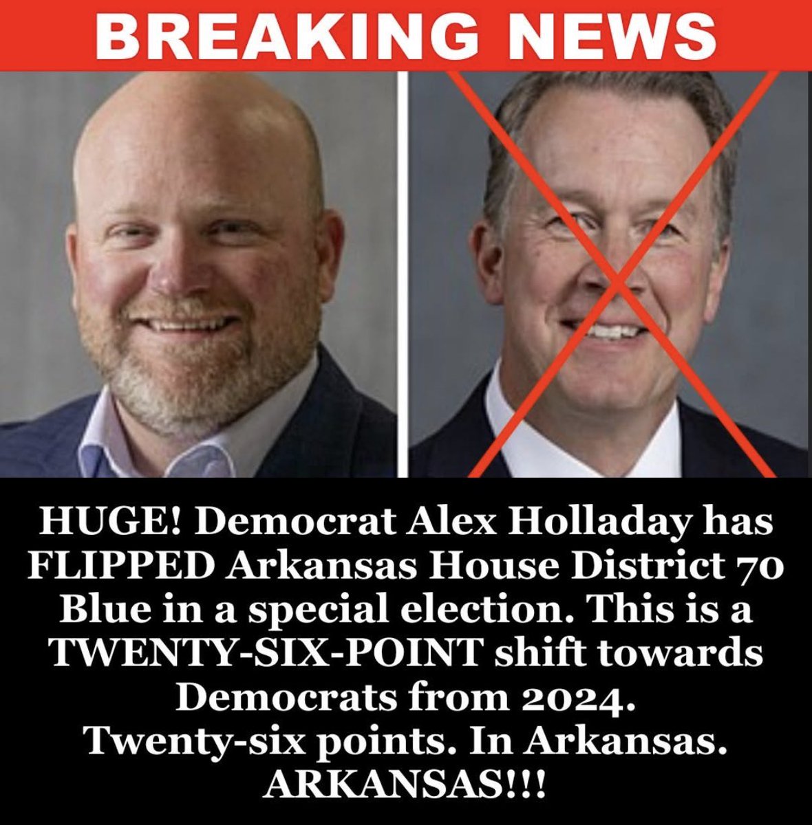 Excellent! Democrat Alex Holladay has flipped the House District 70 in deep, red Arkansas to BLUE! 💙🇺🇸🇺🇸