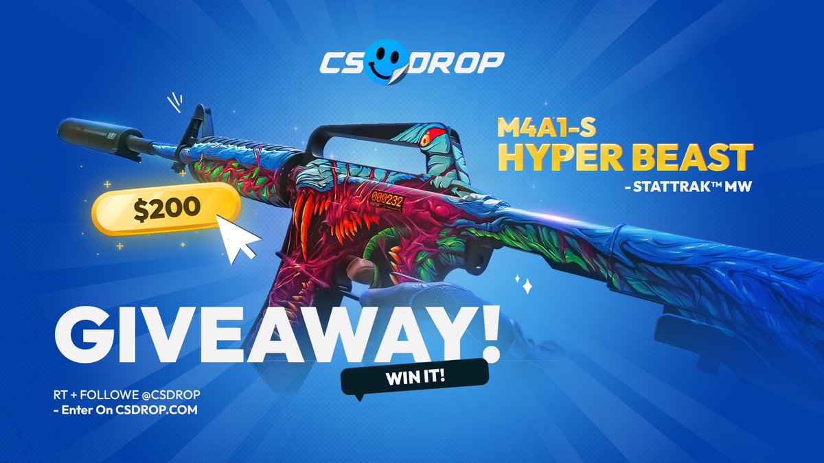 💸 $200 SKIN GIVEAWAY 💸

Win a M4A1-S | Hyper Beast (StatTrak™ MW) worth $200! 🎁🔥

HOW TO ENTER?
✅ Follow <a href="/csdropcom/">CSDROP</a> 
✅ Like &amp; RT
✅ Tag 2 friends

⏰ Ends in 7 days