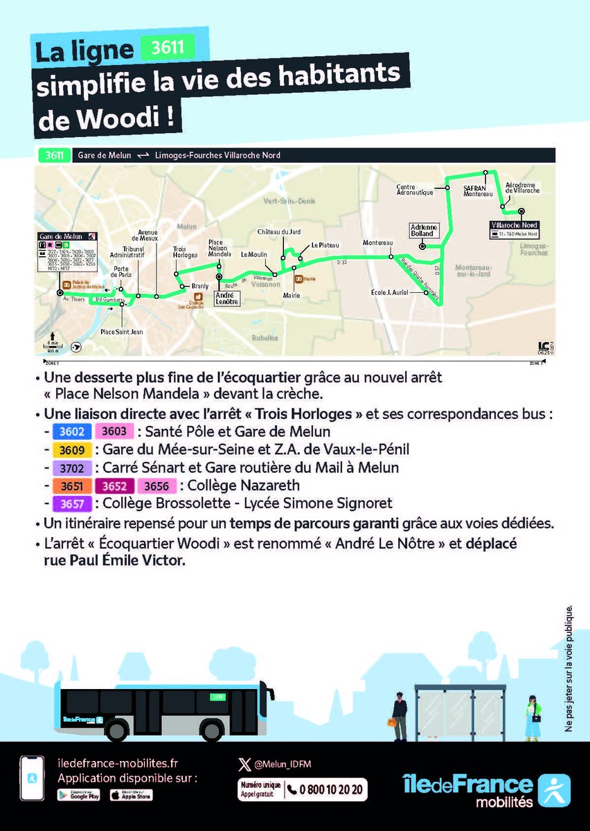 🕑Nouveaux horaires  Ligne 3611
🗓️A partir du 9 mars
Nouveaux arrêts : Place Nelson Mandela &amp; André Le Nôtre dan le quartier Woodi.  
Pour retrouver les nouveaux horaires de vos lignes préférées 🔽
💻 iledefrance-mobilites.fr
📲 l’appli Île-de-France Mobilités