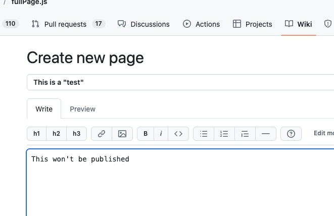IMAC2's tweet photo. @github did the wiki pages containing double quotes in the title suddenly disappear? 

Also, I can't publish wiki pages with quotes in the titles either.

No errors, just silently ignored on submit. https://t.co/j4zoKH7MDo