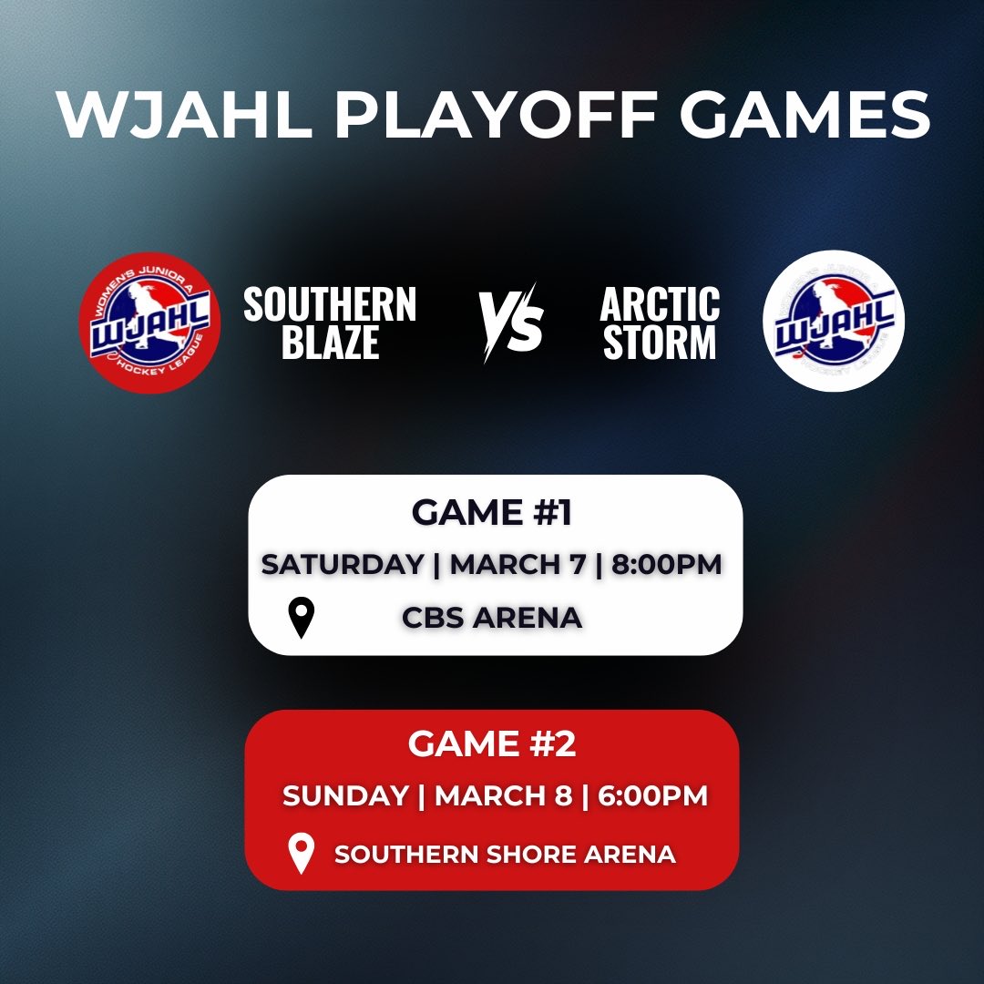wjahl_'s tweet photo. 🏒WJAHL Playoff Hockey is HERE! 🏒

First two games of each series are set!

Celtic Fury vs Atlantic Surge
• Mar 5 | 8PM | Paradise Arena
• Mar 7 | 8PM | Harbour Grace Arena

Southern Blaze vs Arctic Storm
• Mar 7 | 8PM | CBS Arena
• Mar 8 | 6PM | Southern Shore Arena https://t.co/P28Vkeibt7