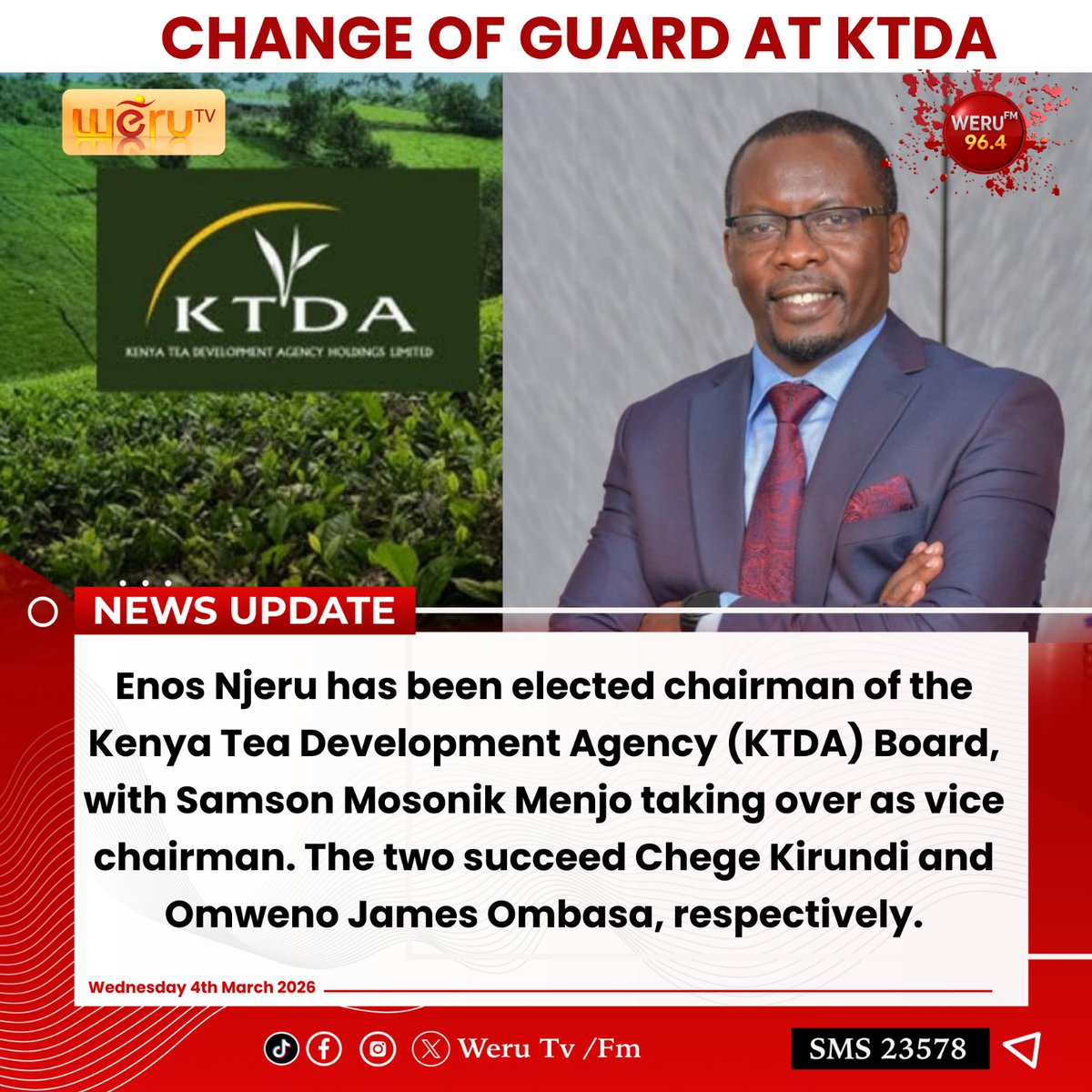 WeruTV's tweet photo. Enos Njeru has been elected chairman of the Kenya Tea Development Agency (KTDA) Board, with Samson Mosonik Menjo taking over as vice chairman. The two succeeded, Chege Kirundi and Omweno James Ombasa, respectively. https://t.co/7RZwo9YvaB