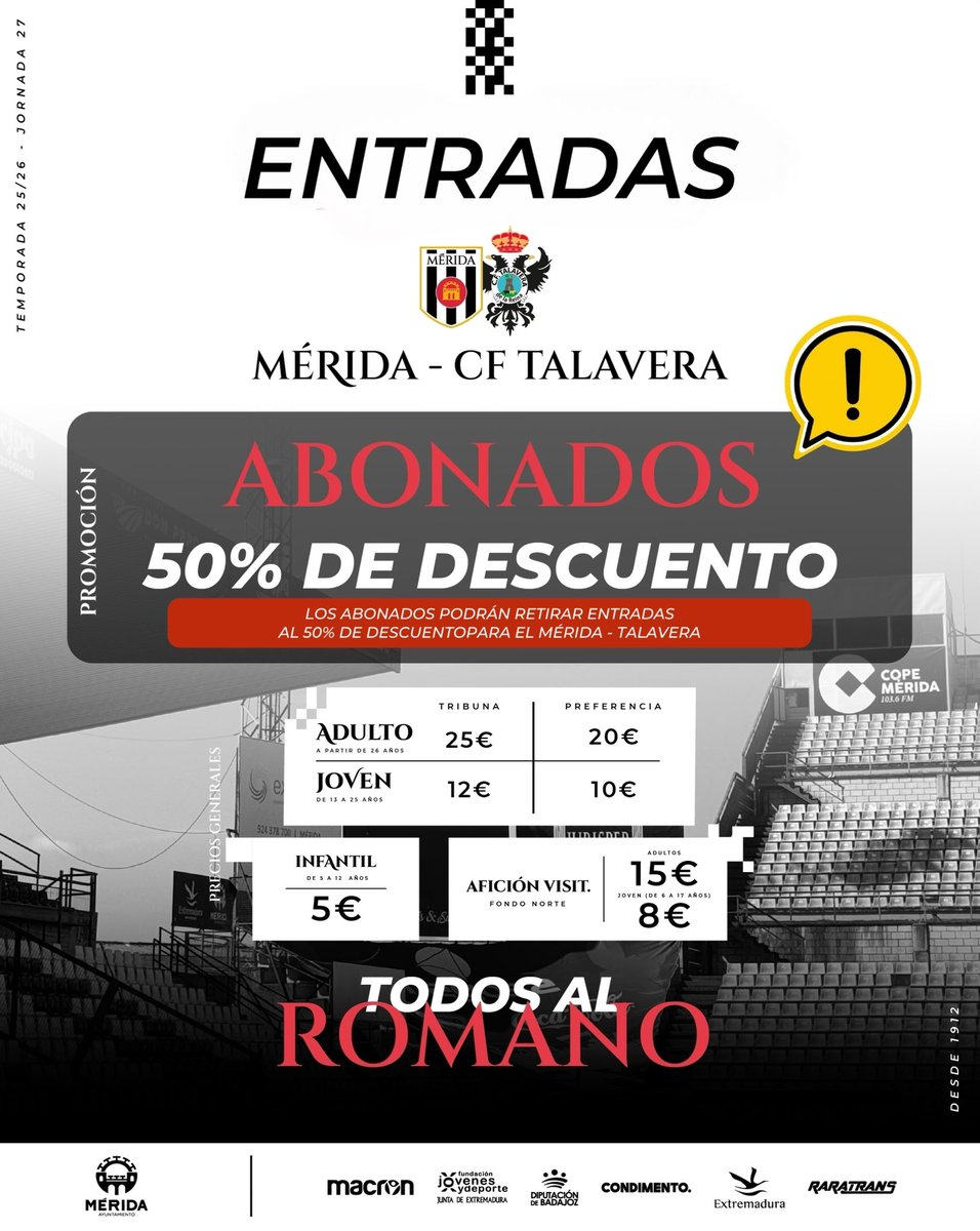 🙌🏽 ¡Tenemos muchas ganas de Romano!

⚠️ ¡PROMOCIÓN! ➡️ 50% de descuento en entradas ilimitadas para abonados

⚔️ ¡A por el #MéridaTalavera! 

📲 Toda la info: admerida.es/entradas-merid…