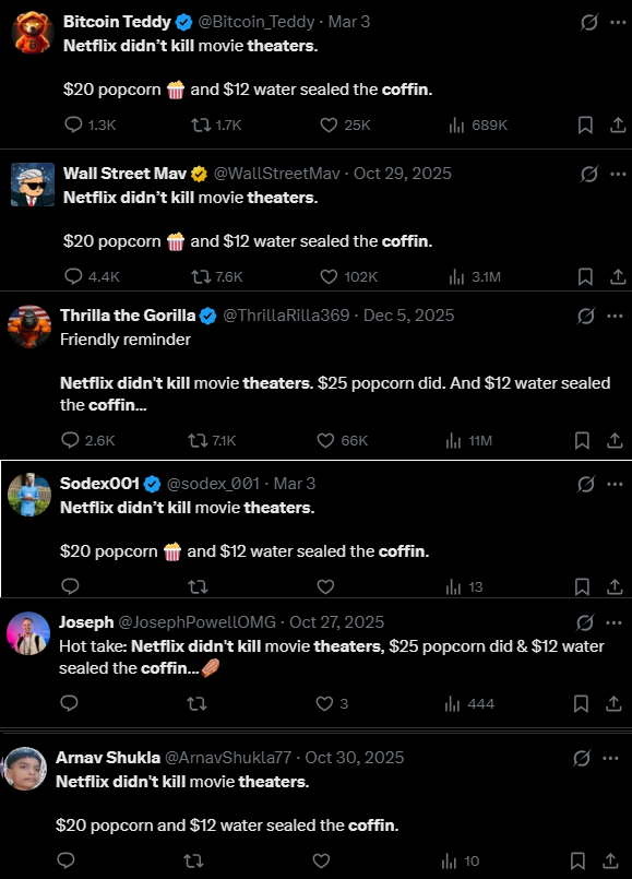 StonksBatman's tweet photo. What is nuts is spam bots have been spamming into late last year and early this year that popcorn costs $20 at theaters. $AMC sells for $10 and you can farther discount it to $5 with popcorn pass. They also suggested that movie theaters sell water for $12 which is not the case either. 

This talk of over priced concessions is ridiculous and untrue compared to prices at other locations such as airports, concerts, sporting events, plays etc. I wonder who is pushing these narratives out and spamming so much and what they have to gain from it.

TLDR: The popcorn costs 1/4 or 1/2 the price the spam bots suggest and the water is 1/2 the cost which is a normal rate for venues like movie theaters and has always been the case.