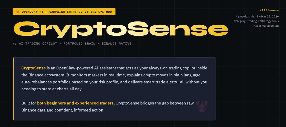 Third_Eye_000's tweet image. 🦞Built CryptoSense — an #AI trading copilot for Binance using #OpenClaw . Monitors your portfolio 24/7, sends smart alerts &amp;amp; teaches you while it trades. My entry for the #AIBinance challenge! @binance