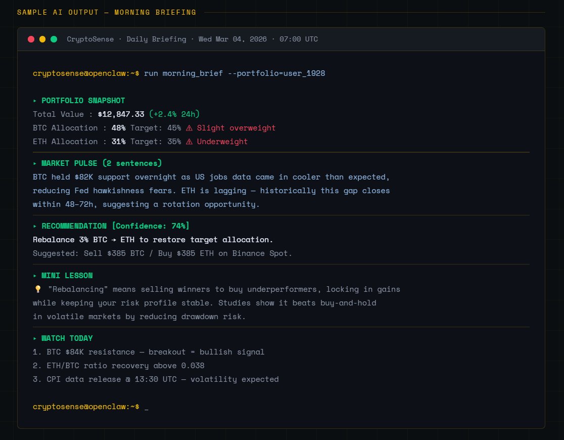 Third_Eye_000's tweet image. 🦞Built CryptoSense — an #AI trading copilot for Binance using #OpenClaw . Monitors your portfolio 24/7, sends smart alerts &amp;amp; teaches you while it trades. My entry for the #AIBinance challenge! @binance