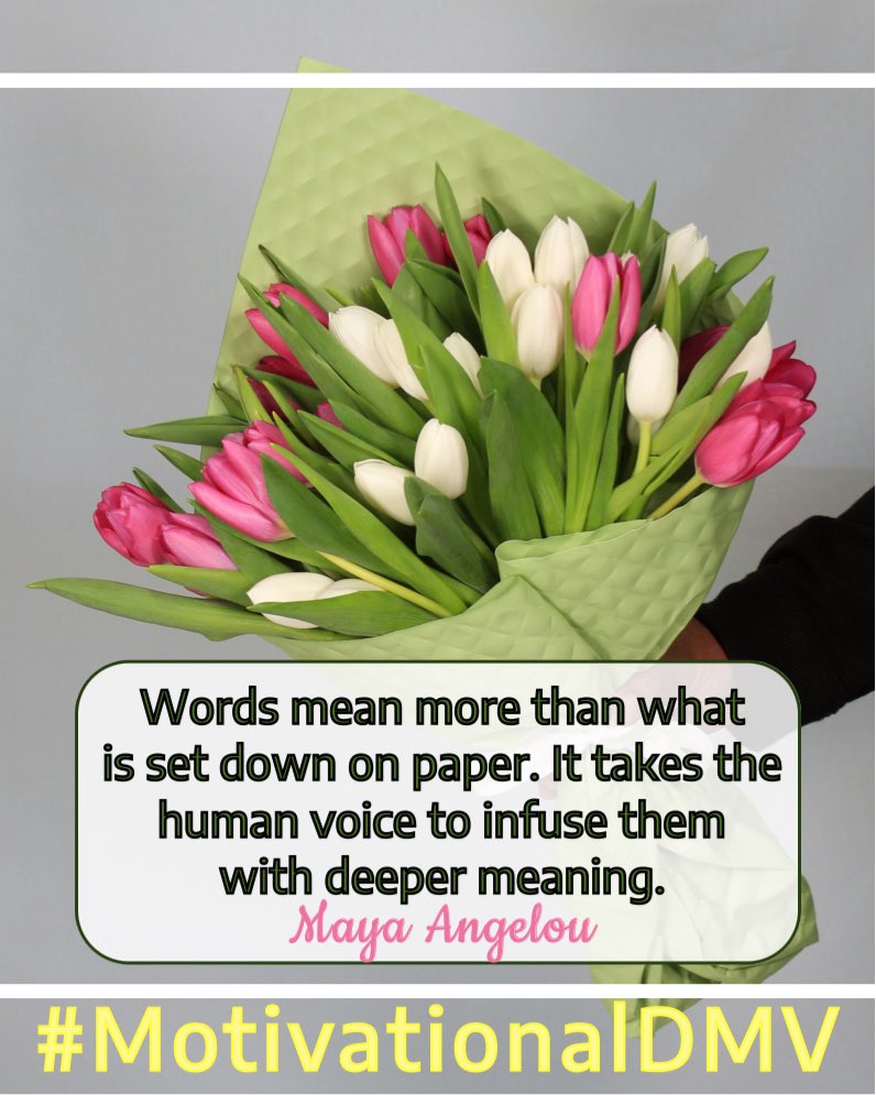 motivationdmv's tweet image. Good Morning!🌷Words mean more than what is set down on paper. It takes the human voice to infuse them with deeper meaning-Maya Angelou

#wednesdaythought #WednesdayMotivation #MotivationalDMV #wednesdaymorning #wednesdayvibes #wednesdaywellness
#GoodWednesday